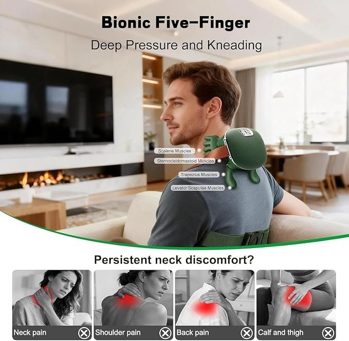Bionic Heated Massager, Portable Wireless Shiatsu Massager for Neck and Back, Electric Deep Tissue Massager, 4D Deep Tissue Massager, Human Hand Simulation for Pain Relief