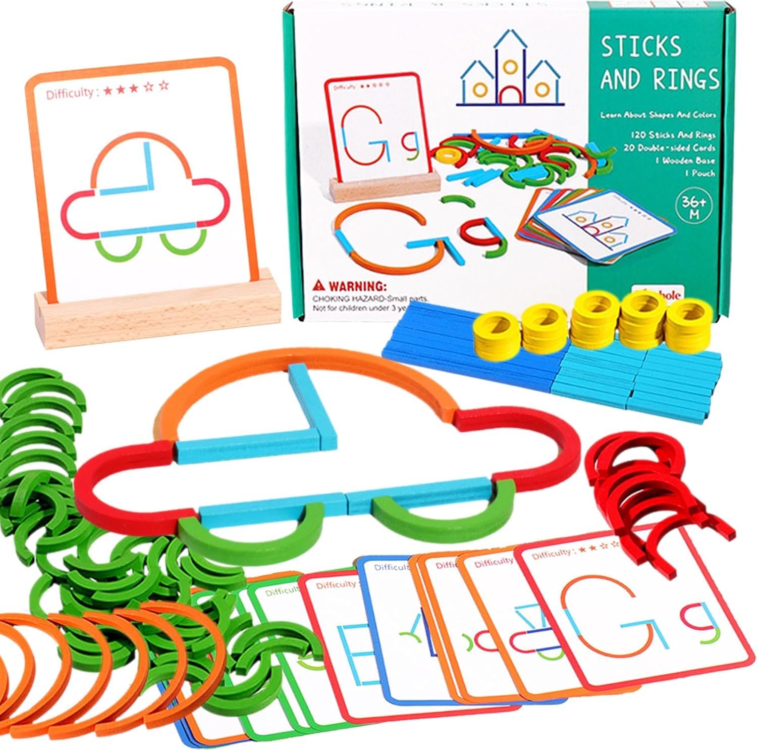 Sticks & Rings Building Toy Set, Wooden Montessori Smart Sticks & Rings Puzzle Game for Kids, Learning Set with 20+ Double-Sided Cards