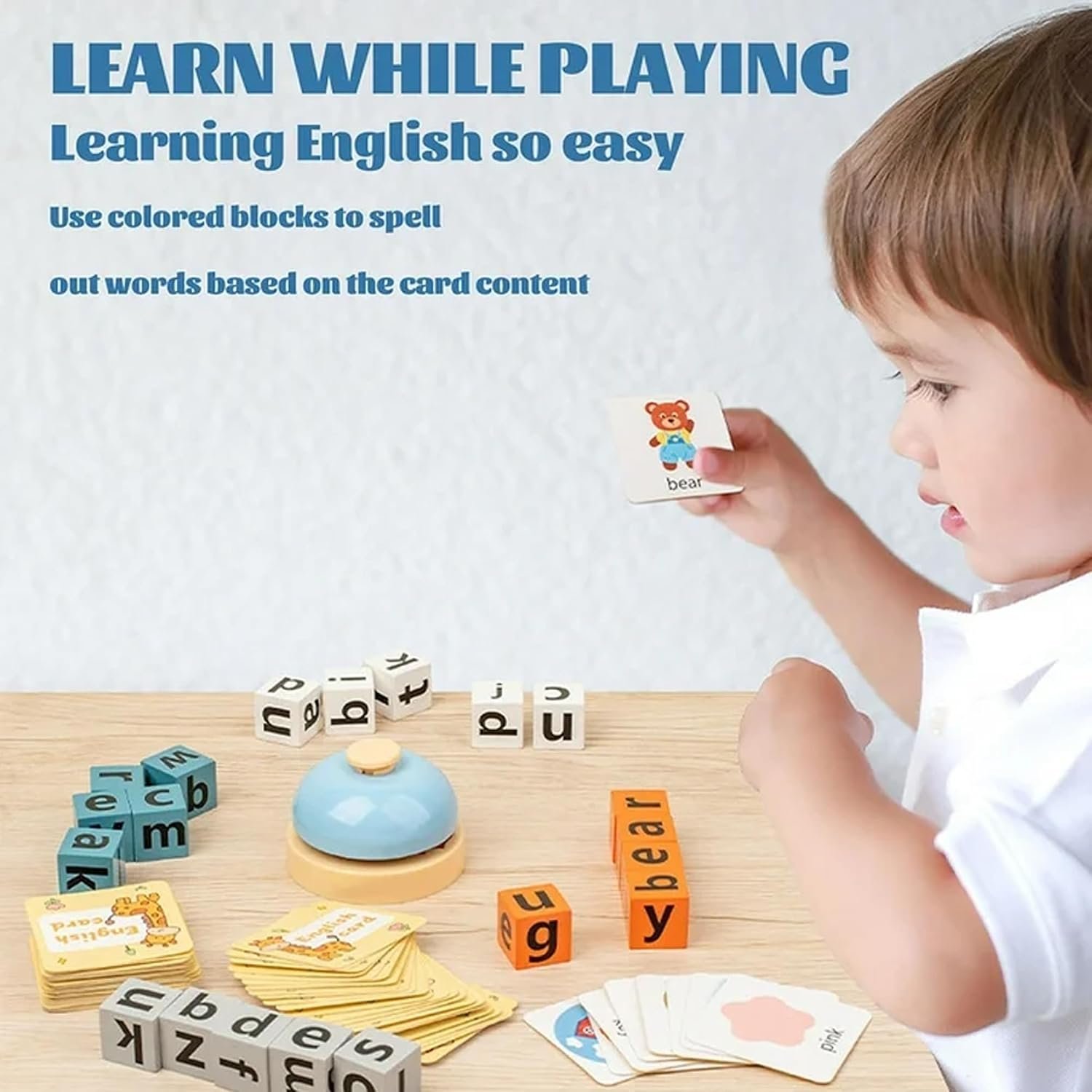 English Word Spelling Games - Matching Letters Games for Kids English Spelling Word Game | Parent-Child Interactive Game with 20 Blocks and 64 Cards, Spelling Toys with Bell