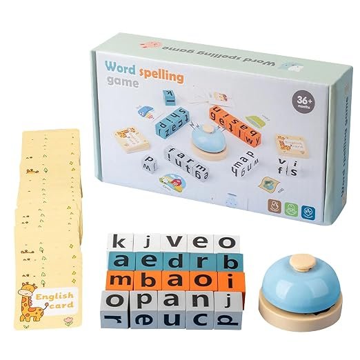 English Word Spelling Games - Matching Letters Games for Kids English Spelling Word Game | Parent-Child Interactive Game with 20 Blocks and 64 Cards, Spelling Toys with Bell